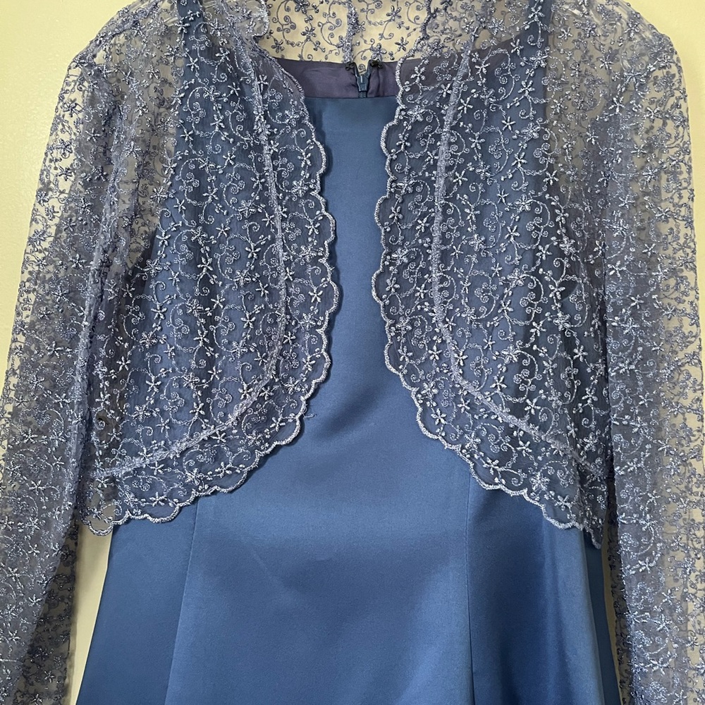 Periwinke blue satin ball gown with sparkle sheer bolero size 10